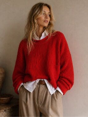 Vintage Knit Chunky Cotton Sweater | Poppy Red | Free Size